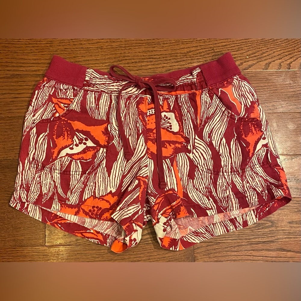 Lucky Brand Shorts Sz S Pink Orange  Beige Patterned Linen Pockets Elastic Waist